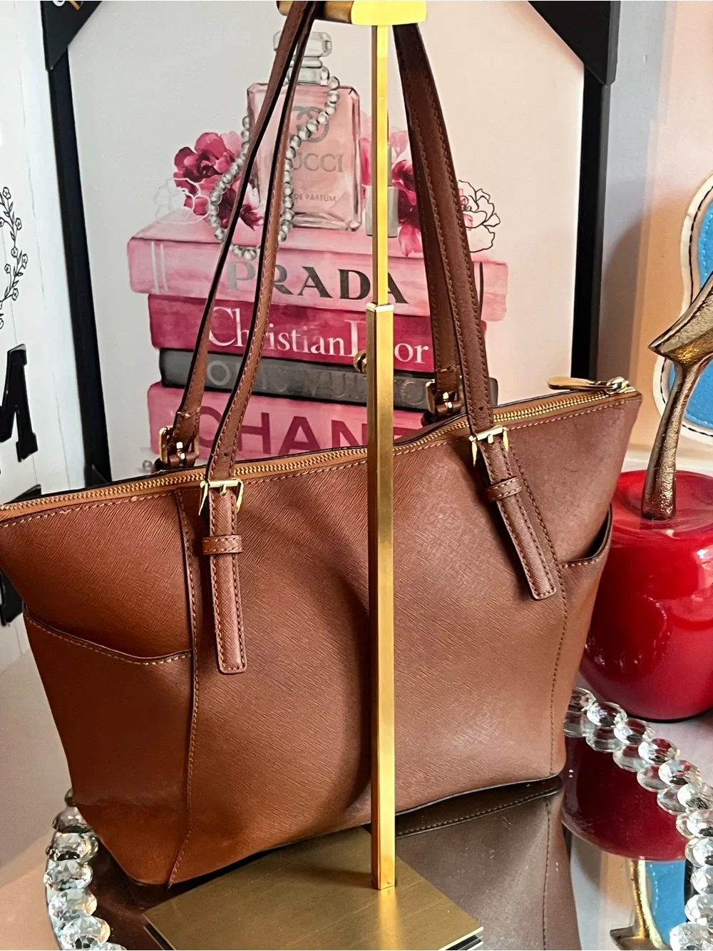 Michael Kors Brown Leather Saffiano Tote with Gold Logo Charm